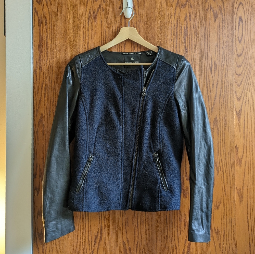 Maison Scotch boucle wool & leather biker jacket, large